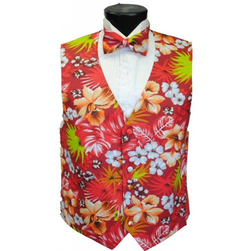 Red Hawaiian Floral Tuxedo Vest and Bow Tie