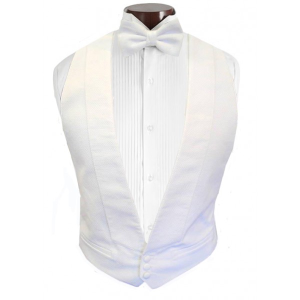 New White Birdseye Cotton Pique Tuxedo Vest Adjustable Mardi Gras Pre tied Bow 