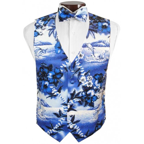 Blue Hawaiian Vest and Tie Set