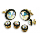 Round Black Austrian Crystal Cuff Link Set