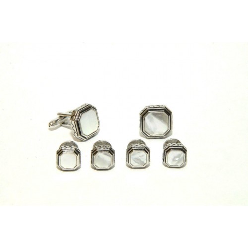 Antiqued Etched Octagon Mother of Pearl Studs and Cufflinks