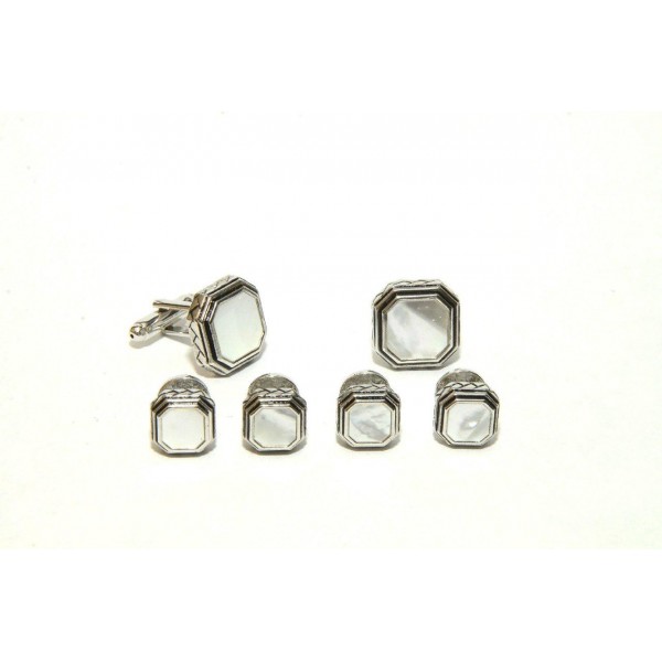 Antique Etched Octagon Mother of Pearl Tuxedo Studs and Cufflinks Set 