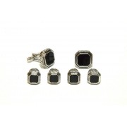 Antiqued Etched Octagon Black Onyx Studs and Cufflinks