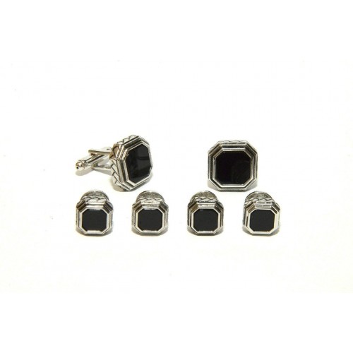 Antiqued Etched Octagon Black Onyx Studs and Cufflinks