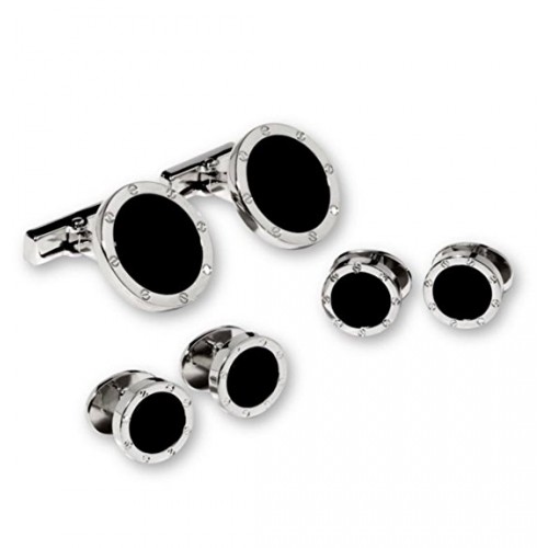 Screw Head Border Silver Plate with Black Onyx Center Studs and Cufflinks Set