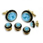 Round Black Austrian Crystal Cuff Links and Studs Set