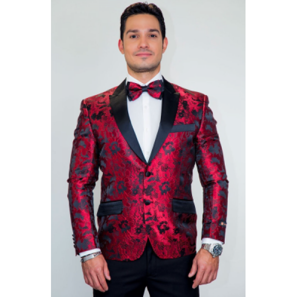 Red Tapestry Floral Slim Fit Tuxedo Jacket