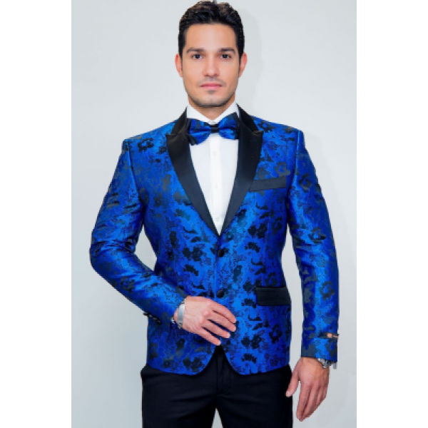 Royal Blue Tapestry Floral Slim Fit Tuxedo Jacket