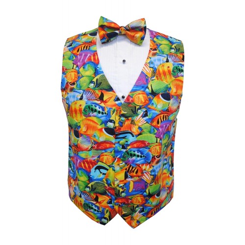 Hawaiian Tropical Saltwater Fish Tuxedo Vest and Tie Set