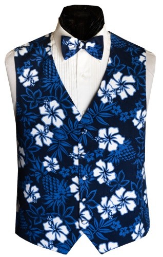 Blue Hawaiian Hibiscus Tuxedo Vest and Tie Set